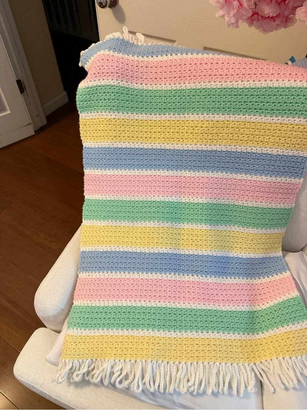 Handmade Cotton Crochet Afghan Lullaby Baby Blanket NWOT. Pastel Colors